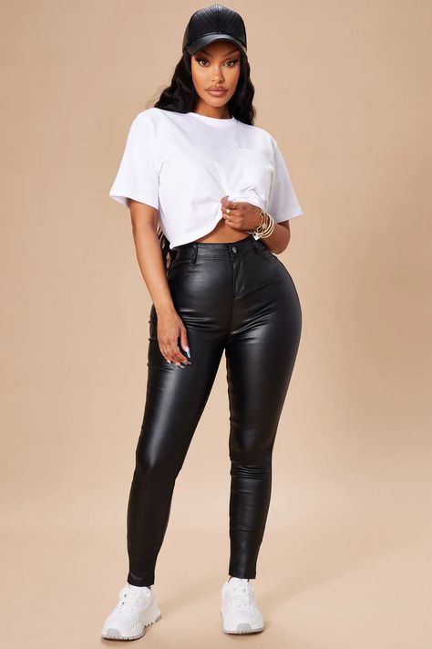 Product Details: Faux Leather 2 Front Faux Pockets 2 Back Functional Pockets High Rise Skinny Leg Coated Fabric 29 1/2 inseam. Based on a size Small 69% Rayon 26% Nylon 5% Spandex *Fashion Nova Yodit Yemane, 2024 Outfits, Black Leather Pants, Teenage Fashion, Fashion Nova Pants, Southern Girl, Black Sequin Dress, Black Denim Jacket, Fashion Nova Jeans