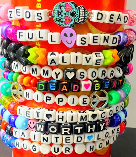 10 Kandi Bracelets,  Kandi, Rave Accessories, Festival Wear, EDC Wear, Stretchy Bracelets, Music Festival Accessories, Electric Forest Kandi by DetroitKandi on Etsy Festival Bracelet Ideas, Music Kandi Bracelets, Kandy Ideas Rave, Candi Ideas Rave, Aesthetic Kandi Bracelets, Festival Bracelets Diy, Funny Rave Kandi, Festival Candy Bracelets, Kandi Sayings Rave