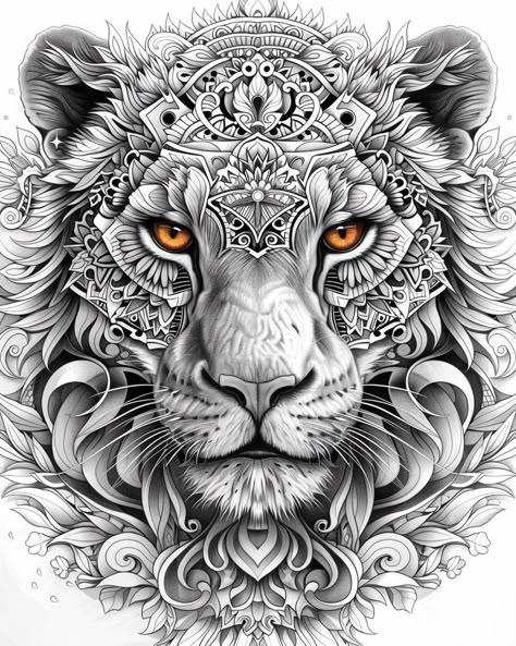 Mandala With Animal Tattoo, Animal Mandala Tattoo, Lioness Tattoos, Egyptian Lion, Lioness Tattoo Design, Detailed Mandala, Lion Mandala, Unique Tattoos For Men, Lioness Tattoo