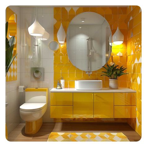 This vibrant yellow bathroom radiates warmth and energy!  #yellowbathroom #brightinteriors #homedecor #inspiredesign Pop Art Kitchen Ideas, Bathroom With Red Accents, Contemporary Bathroom Ideas, Pop Art Bathroom, Mcm Bathroom, Vibrant Bathroom, Bathroom Cupboards, Bathroom Window Treatments, Modern Bathroom Tile