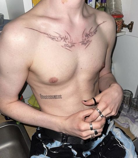 Tattoo Ideas Male Chest, Men Y2k Tattoo, Pisces Men Tattoo, Don't Forget Tattoo, Ethereal Tattoos Men, Cybersigil Chest Tattoo, Collarbone Tattoo Grunge, Chest Man Tattoo, Pectus Excavatum Tattoo