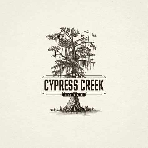 Hand-drawn logo of unique Bald Cypress tree with hanging Spanish Moss. The logo is SOLD! Contact me if you need an illustration or a logo design made in a similar hand-drawn style. I will include all the details specific to your business. Cypress Tree Illustration, Bald Cypress Tree Tattoo, Spanish Moss Tattoo, Cypress Tree Drawing, Cypress Tattoo, Cypress Tree Tattoo, Club Logo Ideas, Hanging Spanish Moss, Author Logo