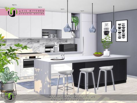 NynaeveDesign's Avis Kitchen Sims 4 Small Kitchen, Kitchen Ideas Sims, Kitchen Ideas Sims 4, Modern Loft Kitchen, Kitchen For Kids, Amazing Kitchens, Kitchen Floating Shelves, Sims 4 Kitchen, Resource Furniture