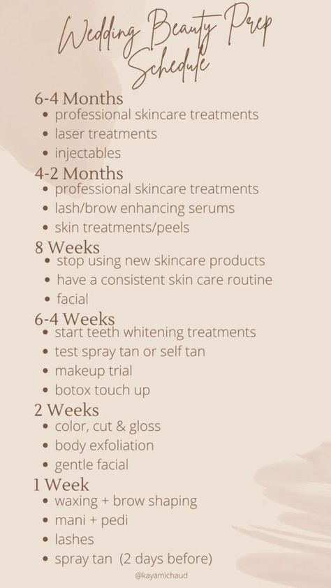 Wedding Beauty Prep Schedule Day Of Wedding Tips, Wedding Invite Checklist, Wedding Self Care Checklist, Wedding Glow Up Plan, Inside Wedding Ideas Decoration, Wedding Skin Prep Timeline, Must Haves Wedding Day, Wedding Week To Do List, Wedding Schedule Ideas