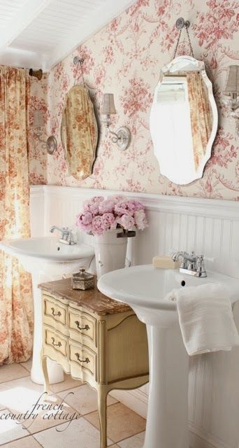 10 ways to add French charm to your bedroom -  What is it about French style that we all love so much?           The chandeliers dripping with crystals and romance?   The painted furnitu... French Country Cottage Bathroom, Country Cottage Bathroom, Commode Shabby Chic, Baños Shabby Chic, Shabby Chic Decorating, French Bathroom, Styl Shabby Chic, French Country Bathroom, Cottage Shabby Chic