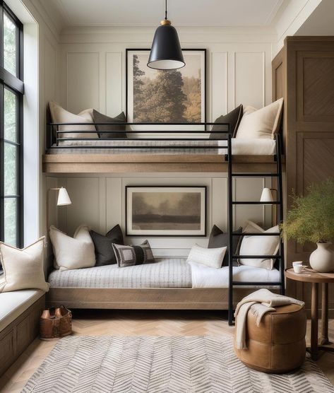 Bunk bed inspiration - love all the ideas - the wood tones and paint colors. 😍😍 So good! Design and renderings @plankandpillow | Instagram Adult Bunk Beds Guest Rooms Small Spaces, Twin Bunk Bed Ideas For Small Room, Bunk Bedroom Ideas, Mountain Bunk Room, Bunk Beds For Girls Room, Bunk Beds Small Room, Bunk Room Ideas, Bed Inspiration, Bunk Bed Rooms