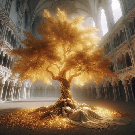 Resting underneath the golden tree inside the Ekven Palace. #valkyrieandnymph #fantasy #fantasyart #fantasybooks #fantasyai #aifantasyart #aiart #aiartwork #aiartcommunity #ai #digitaldrawing #digitalartist #digitalpainting #digitalillustration #digitalcreator Golden Fantasy City, Golden Kingdom Fantasy Art, Fantasy Arena, Fantasy Village, Gold City, Golden City, Fantasy Worlds, Golden Tree, Inspirational Photos