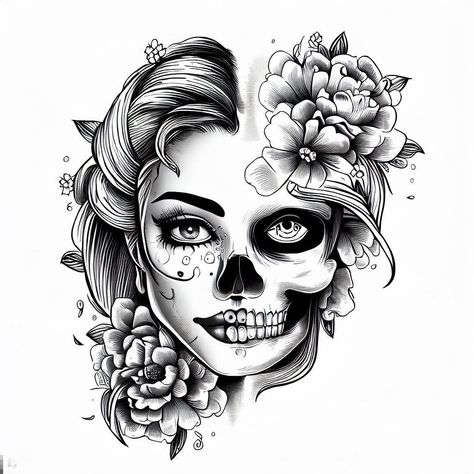 half woman half skull tattoo A tattoo design of a beautiful girl with half her face as a skull and the other half as face, flowers, Half Women Half Skull Tattoo, Half Skull Half Woman Face Tattoo, Best Friend Skull Tattoos, Skull Woman Tattoo Design, Female Sugar Skull Tattoo, Tattoos Of Women Faces, Half Woman Face Tattoo, Half Face Tattoo Ideas, Womens Face Tattoo Design