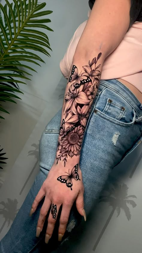 Script And Flower Tattoo, Wrap Around Forearm Tattoo Women Sleeve, Bottom Arm Sleeve Tattoo Women, Wrap Around Forearm Tattoo Women Unique, Big Wrist Tattoos For Women, Forearm Tattoo Cover Up Women, Big Tattoos For Women Arm, Butterfly Arm Tattoos For Women Sleeve, Peony And Butterfly Tattoo