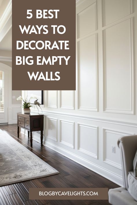 Discover the secret to stunning wall decoration! Our article on the 5 best ways to decorate big empty walls will guide you to the perfect look. Tap to read more! 🌟🏠 Trim On Large Wall, Accent Wall For Living Room Tv, Large Wall Wainscoting Ideas, Square Molding On Wall, Dining Room Trim Wall, Large White Wall Decor, Long Wall Living Room Decorating Ideas, Flat Entry Wall Design, Dining Back Wall Design