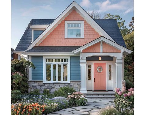 Peach House Exterior, Navy House Exterior, Orange Houses, Navy Houses, Charming Cottage, Orange House, Mural Wall, Paint Colour, House Things