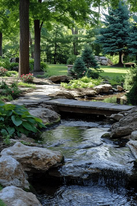 22 Innovative Backyard Stream Ideas (With Pictures) Creek Garden Ideas, Water Creek Landscaping, Landscape Stream Ideas, Backyard With Creek, Home Water Features Indoor, Natural Stream Landscaping, Waterfall Stream Backyard, Stream In Backyard, Farm Pond Landscaping Ideas