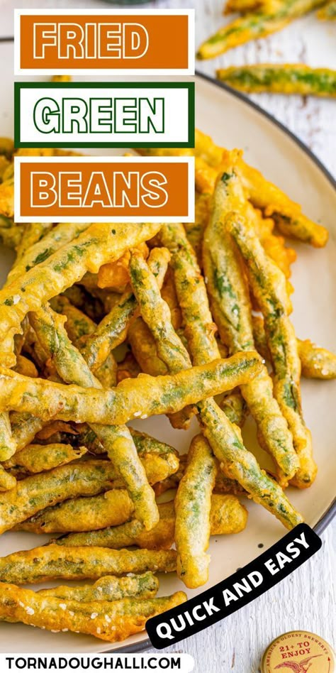 These Fried Green Beans from Tornadough Alli are an easy and tasty appetizer! They require minimal ingredients, are tasty, fun, and perfect for any occasion. They would be great served at your upcoming football parties. But, they are easy enough to serve any day of the week as well. Breaded Green Beans Air Fryer, Crispy Air Fried Green Beans, Green Bean Snacks, Deep Fried Green Beans Recipe, Fried Beans Recipe, Pole Bean Recipes, Sides For Fried Chicken, Fried Green Beans Recipe, Deep Fried Green Beans