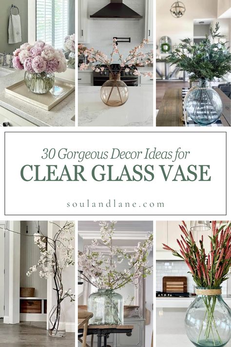 Unleash the translucent charm of clear glass vases with our decor ideas, turning simple vessels into stunning centerpieces. These versatile beauties can be filled with everything from lush bouquets and floating candles to intricate layers of colored sand or pebbles. Imagine a sleek, modern dining table featuring a lineup of slender clear vases, each hosting a single, bold flower stem. Or, create a whimsical arrangement with varying vase heights, filled with twinkling fairy lights, to cast a soft Glass Basket Vase, Flowers In Clear Glass Vases, Clear Vase With Branches, Big Glass Vase Decorating Ideas, Decorating With Glass Containers, Glass Centerpieces Dining Table, How To Decorate A Large Glass Vase, Dining Table Flower Vase, Round Glass Vase Decor Ideas