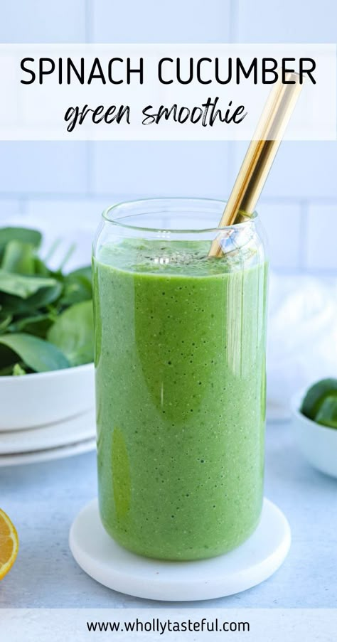 green smoothie in a tall glass with a gold straw. Spinach And Cucumber Smoothie, Refreshing Green Smoothie, Carrot And Spinach Smoothie, Super Green Smoothie Recipes, Cucumber Spinach Smoothie, Cucumber Smoothie Recipes, E2m Meals, Sugar Free Smoothies, Banana Spinach Smoothie