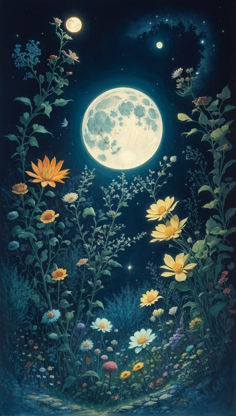 Royalty Free Wallpapers, 12 Magical Nights, Night Garden Tattoo, Flowers At Night Painting, Moon And Flower Painting, Flowers In Moonlight, Night Garden Painting, Witchy Spring Wallpaper, Moon Phone Backgrounds