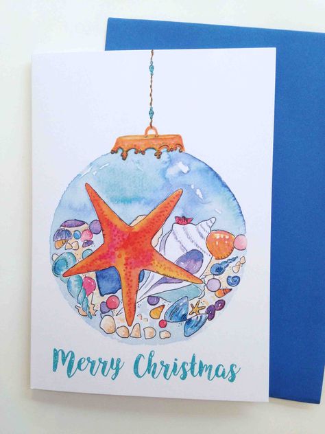 Christmas Beach Art, Coastal Christmas Cards, Beach Christmas Illustration, Tropical Christmas Card, Mermaid Christmas Card, Beach Holiday Card, Beach Christmas Card, Christmas In Australia, Monster Crafts