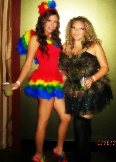 DIY Parrot and peacock sexy bird halloween costumes Parrot Halloween Costume Woman, Parrot Costume Women, Parrot Costume Diy Women, Diy Parrot Costume, Parrot Halloween Costume, Diy Parrot, Creative Halloween Costume Ideas, Parrot Costume, Peacock Costume