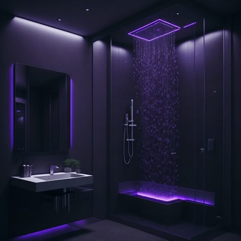 Cool Showers Dark, Dark Showers Aesthetic, Black Luxury Bathroom Interior Design, Black Shower Ideas Bathroom, Black Aesthetic Room Decor Ideas, Purple Led Bathroom, Black And Purple House Interior Design, Dark Luxury House Interior, Purple Shower Aesthetic