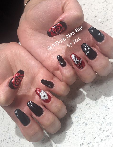 Phantom of the opera #nailtech #naildesign #gelnails #refill #coffinnails #rosedesign #floralnails #flowerdesign #maskdesign #musicalnotes #balerinaslipper #handdrawn #phantomoftheopera #birthdaynails #shellac #torontonails #nailswag #adorenailbar Phantom Of The Opera Acrylic Nails, Phantom Of The Opera Nail Ideas, Phantom Of The Opera Nails, Opera Nails, Pretty Halloween Costumes, Pretty Halloween, Beauty Nails Design, 2023 Vision, Wedding Vibes