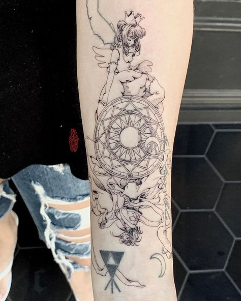 Sai (/sigh/) on Instagram: “Sakura from Cardcaptor Sakura, Sakura from Tsubasa and Clow magic circle for Marevi.” Card Captor Tattoo, Cardcaptor Sakura Sakura, Sakura Tattoo, Circle Tattoo, Circle Tattoos, Kawaii Tattoo, Wolf Tattoo Design, Sweet Tattoos, Irezumi Tattoos