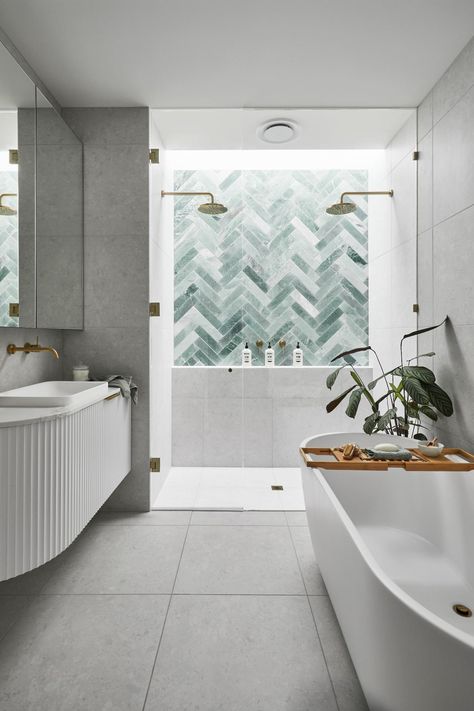 gas hot water in bathroom with teal herringbone wall tiles Teal Bathroom Tiles, Aqua Bathroom Tiles, Green Feature Tiles Bathroom, Teal Herringbone Tile Bathroom, Bathroom Tiles Green Blue, Turquoise Bathroom Tiles, Surf Bathroom, Aquamarine Bathroom Tiles, Herringbone Wall Tile