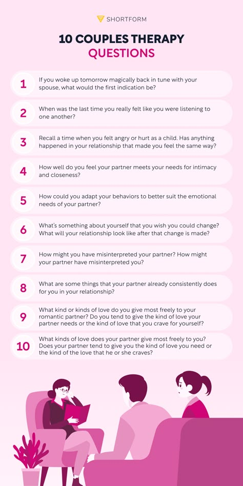 Trying to decide whether you and your partner should go to couples therapy? Test the waters with this selection of insightful questions a therapist might ask you. And follow the link to access our guide to Attached by Amir Levine and Rachel Heller to learn what attachment styles are and how you can use your knowledge of them to improve your relationship. Couples Therapy Topics, Relationship Therapy Questions, Relationship Repair Questions, Therapy Questions For Couples, How To Improve Relationship Couples, Couples Therapy Worksheets Infidelity, Couple Therapy Questions, Couple Therapy Activities, Couples Therapy Questions