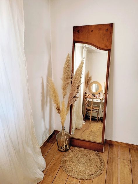 Floor Mirror In Bedroom Corner Boho, Long Mirror, Tall Mirror, Bedroom Corner, Living Room Decor Inspiration, Bedroom Mirror, Lounge Room, Floor Mirror, Cheap Home Decor