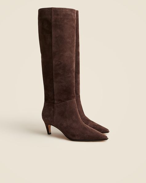 Suede Boots With Dress, Chocolate Suede Boots, Suede Knee High Boots, Brown Suede Knee High Boots, Brown Suede Boots Outfit, Chic Brown Knee-high Boots With Sculpted Heel, Brown Suede Knee-high Boots With Block Heel, Suede Boots Outfit, Brown Suede Knee-high Boots