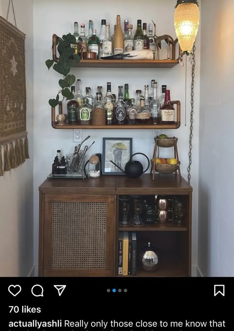 Shelves Over Bar Cabinet, Boho Bar Area In Home, Coffe Corners Ideas Living Room, Kitchen Alcohol Bar Ideas, Coffee Station Home Ideas, Unique Home Bar Designs, Diy Bourbon Bar, Mini Bar Nook, Bar Cart With Floating Shelves