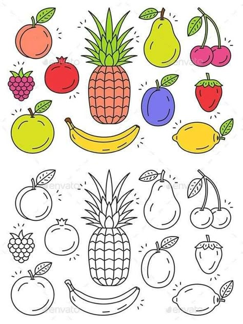 Fruit Coloring, Fruit Icons, Fruit Coloring Pages, Fruits Drawing, Fruits For Kids, Printables Free Kids, Easy Drawings For Kids, Drawings For Kids, Toddler Learning Activities