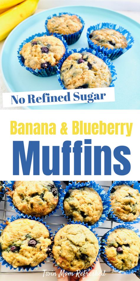 Healthy Banana Blueberry Muffins - Twin Mom Refreshed Healthy Banana Blueberry Muffins, Blueberry Healthy, Blueberry Muffin Recipe Healthy, Resep Muffin, Toddler Muffins, Blueberry Muffin Recipe, Muffins Breakfast, Menu Sarapan Sehat, Healthy Blueberry Muffins