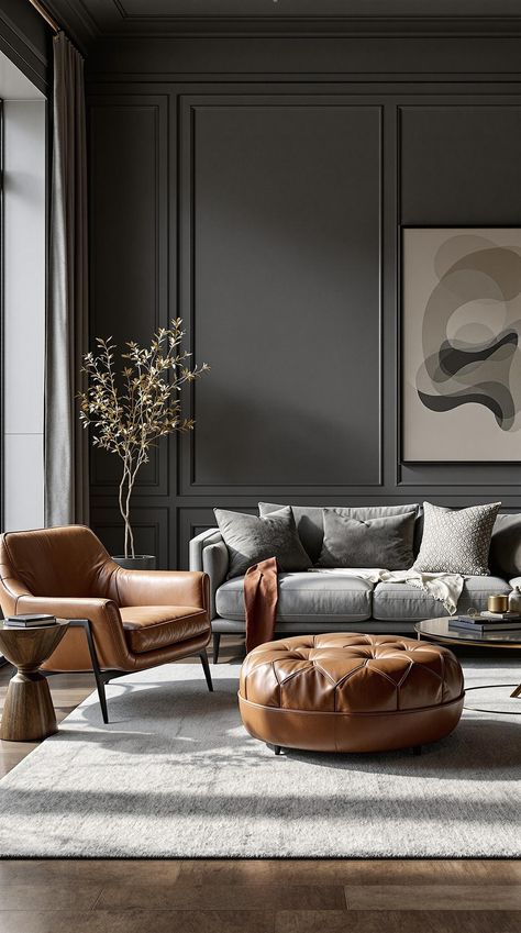 Grey Couch Living Room Grey Couch And Leather Chair, Accent Chairs To Go With Gray Leather Couch, Grey Mid Century Modern Living Room, Grey Built Ins Living Room, Grey Sofa In Living Room, Gray Furniture Living Room Decor, Grey Couch Ideas, Living Room Grey Sofa, Charcoal Living Room