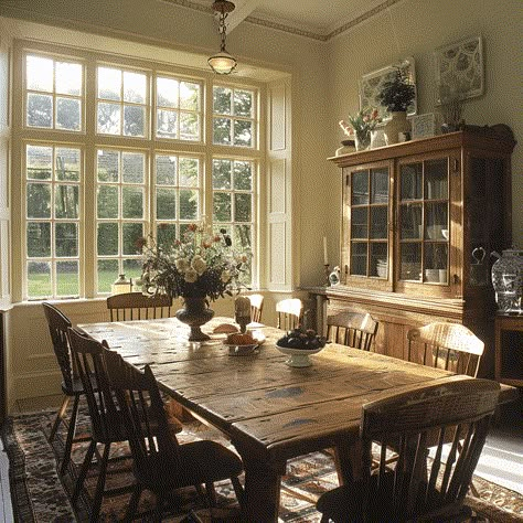 An English countryside dining room with a large, rectangular farmhouse table, comfortably seating up to eight people Cottage Formal Dining Room, Homestead Dining Room, Cottage Aesthetic Dining Room, English Farmhouse Dining Room, Dining Table Styles, English Farmhouse Aesthetic, English Country House Dining Room, English Countryside Aesthetic House Interior, Old English Dining Room