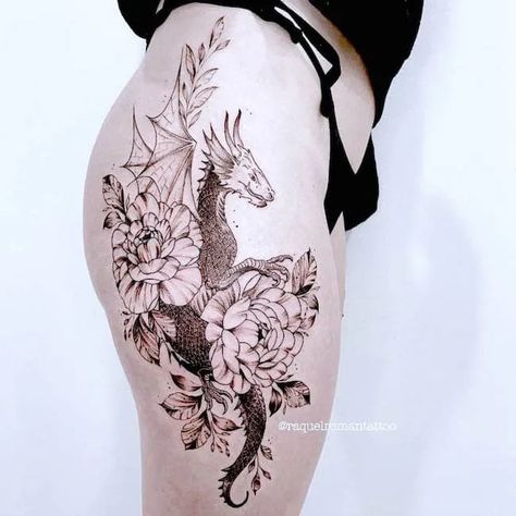 Mother Son Dragon Tattoos, Dragon Thigh Tattoos Women, Feminine Dragon Tattoo For Women, Dragon Tattoo Feminine, Thigh Sleeve Tattoo, Baby Dragon Tattoos, Elegant Dragon, Dragon Thigh Tattoo, Blue Dragon Tattoo