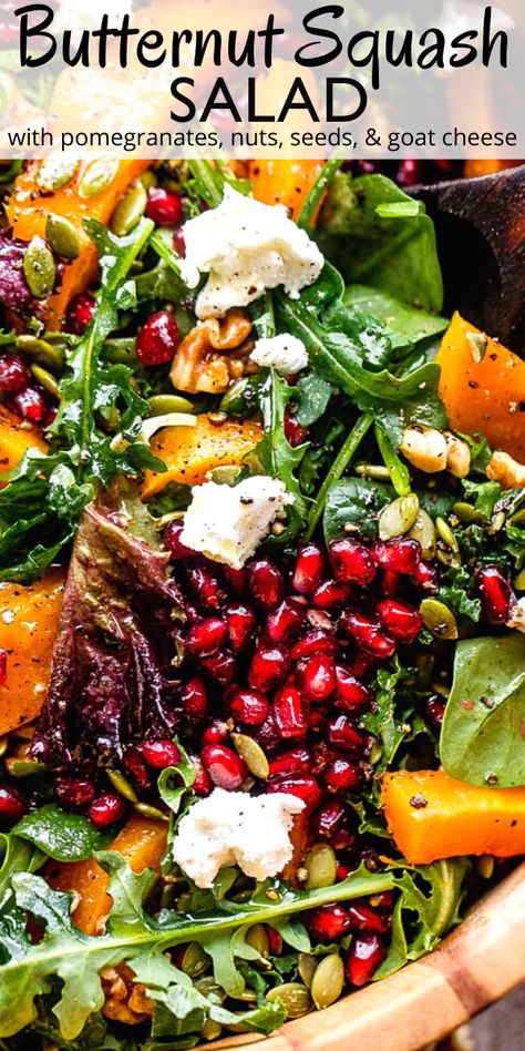 Salad With Butternut Squash Goat Cheese, Fall Salads With Pomegranate, Butternut Squash Goat Cheese Salad, Roasted Butternut Salad Recipes, Pomegranate Salad Recipes Thanksgiving, Pomegranate Walnut Salad, Pomegranate Goat Cheese Salad, Christmas Salad With Pomegranate Seeds, Fall Salad Pomegranate