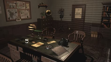 Old Detective, Detective Office, Noir Detective, Detective Aesthetic, Old Office, Safe Room, Art Desk, Prop Design, Environment Design