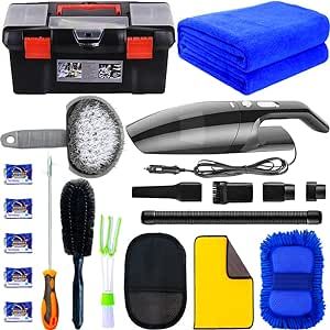 Including 1 Car vacuum, 1 Car Wash Sponges，1 Car Wash Mitt, 2*Microfiber car Towel, 1 Car wheel brush with handle,1 Car tire brush, 1cleans up rocks hook ，1 Mini Duster for Car Air Vent ，1Plastic storage box,5*Glass washer cleaning tablets Car Interior Detailing, Cleaning Leather Car Seats, Car Detailing Interior, Car Care Kit, Car Wash Mitt, Car Cleaning Kit, Interior Detailing, Vehicle Care, Cleaning Tablets