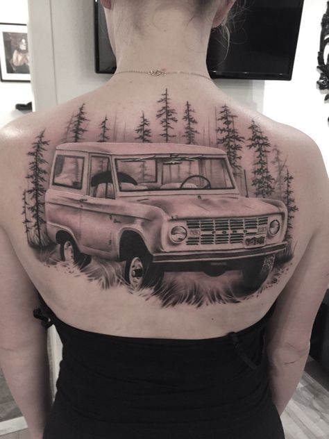 Finally Complete! My 1966 Ford Bronco by Chris Youngblood @ Westfall Tattoo in Sacramento CA. Bronco Tattoo Ideas, Ford Bronco Tattoo, Bronco Tattoo, Ford Tattoo, 1966 Ford Bronco, Bronco Truck, Awesome Tattoos, Kid Friendly Travel Destinations, Kid Friendly Trips