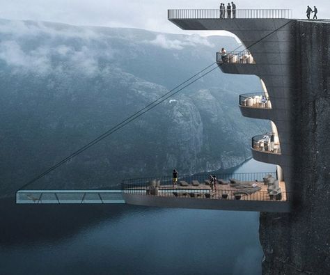 A Turkish architect has designed a gravity-defying hotel which hangs off a 1,982-foot cliff edge in Norway with a glass-bottomed swimming pool... Cliff Homes, Cliff Architecture, Weird Architecture, Architectural Design Studio, Cliff Edge, Glass Pool, Resort Design, Hotel Building, Spa Resort