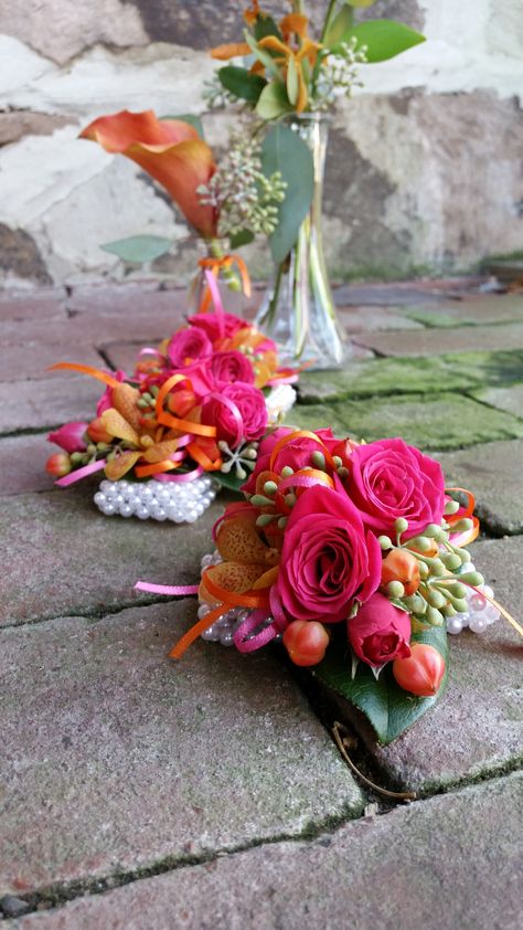 Blossom Bliss Florist Wrist Corsage: bright pink+orange Bright Pink Corsage Prom, Pink Orange Corsage, Bright Wrist Corsage, Hot Pink And Orange Corsage, Bright Pink Prom Bouquet, Pink And Orange Corsage, Bright Pink Corsage, Pink Prom Couple, Hoco Accessories