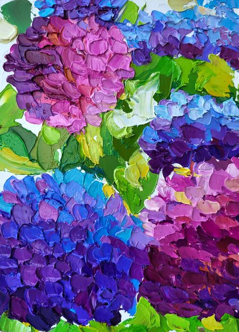 Knife Painting Oil On Canvas, Abstract Hydrangea Painting, Flower Art Painting Abstract, Hydrangeas Painting, Pallet Knife Painting, Lavender Painting, Hydrangea Wall Art, Hydrangea Wall, Painting Knife