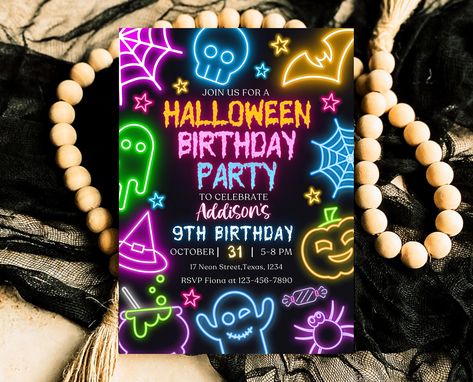 "Unleash Your Halloween Creativity with Our Editable Neon Birthday Party Invitation Template. Get ready to transform into your alter ego and join the spooktacular fun with our customizable Halloween Costume Party Invitation template. Designed to capture the spirit of the season, this template allows you to personalize every detail, from the hauntingly delightful graphics to the party information. Whether you're hosting a costume contest, a thrilling masquerade, or a wickedly fun gathering, our e Neon Halloween Party, Neon Costume, Halloween Invitaciones, Costume Party Invitation, Halloween Invitation Template, Halloween Costume Party Invitations, Fiesta Halloween, Neon Halloween, Halloween Party Invite