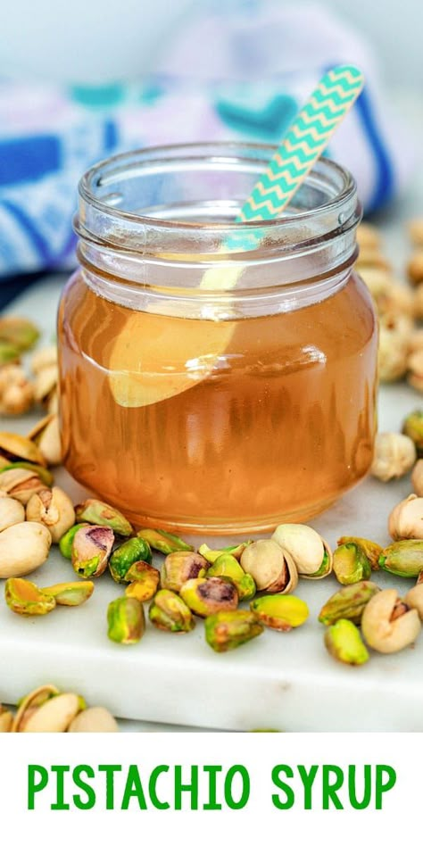 Pistachio Syrup Coffee, Homemade Pistachio Syrup, Syrup Flavors For Coffee, Pistachio Simple Syrup, Pistachio Coffee Syrup, Simple Syrup Flavor Ideas, Pistachio Syrup Recipe, Pistachio Extract, Pistachio Drink