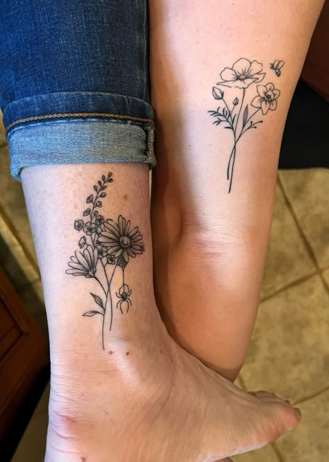 Ankle Birth Flower Tattoo, Flower Bouquet Tattoo On Ankle, Bouquet Ankle Tattoo, Ankle Flower Bouquet Tattoo, Birth Month Flower Tattoo Placement, Birth Flower Bouquet Tattoo Placement, April Flower Tattoo Birth Month, Wildflower Ankle Tattoo, Birth Flower Tattoos Placement