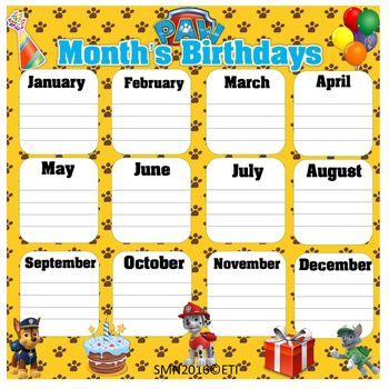 Paw Patrol Month's Birthdays (bilingual) Paw Patrol Classroom Theme, Preschool Birthday Board, Preschool Birthday, Daycare Themes, Letter Worksheets For Preschool, Birthday Bulletin, Birthday Bulletin Boards, Class Organization, Welcome Banner