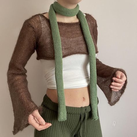 y2k skinny scarf  Sage green knitted scarf HANDMADE... - Depop Long Scarf Aesthetic, Green Scarf Knitted, Knitting Inspiration Scarf, Tiny Scarf Outfit, Micro Scarf, Green Scarf Outfit, Peter Pan Kostüm, Tiny Scarf, Y2k Scarf