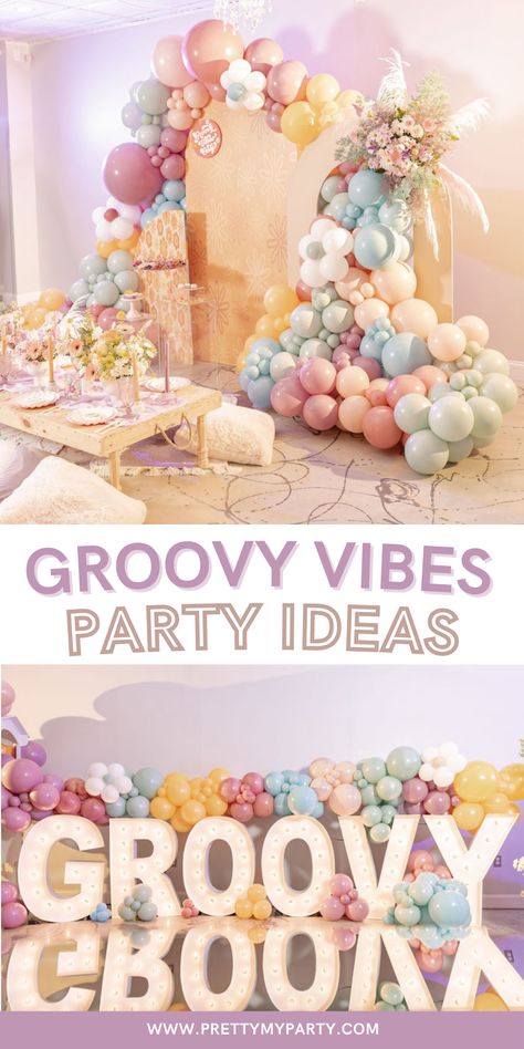 Groovy Party Food, Peace Sign Decor, Flower Party Themes, Groovy Theme, Party Food Table, Dessert Cart, Groovy Party, Groovy Vibes, Pastel Theme