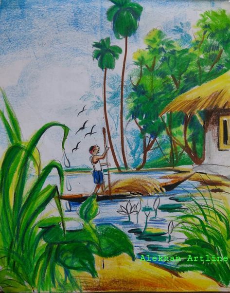 Village Scene Drawing Easy, Village Life Drawing, Village Life Painting, Pretty Woman Aesthetic, Village Scene Drawing, Scenery Drawing For Kids, Easy Scenery Drawing, Memory Drawing, Aesthetic Paintings