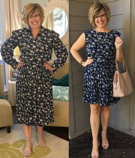 ABC Mom Style: A Free Refashion! Refashionista Before And After, Dress To Blouse Refashion, Refashion Clothes Before And After, Turning Overalls Into A Dress, Convert Overalls To Dress, Refashioned Sweaters Remake, Upcycle Clothes Diy Refashioning Trash To Couture, Remake Clothes Refashioning, Sewing Upcycle